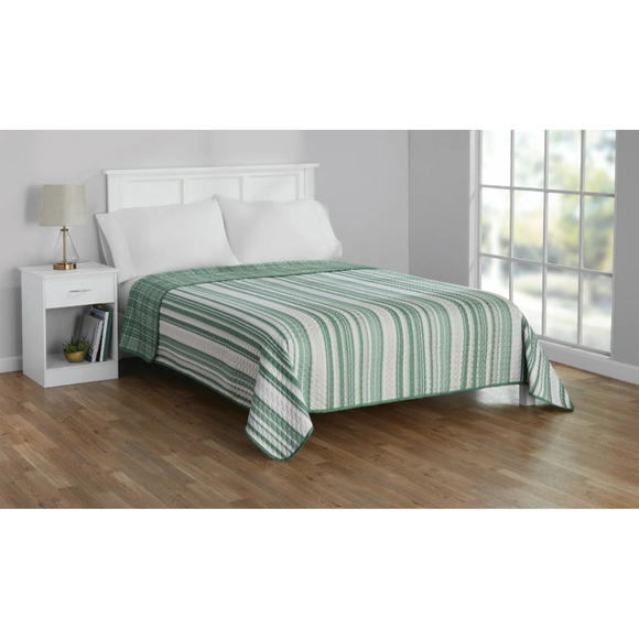 NEW Mainstays Green White Vertical Stripe Reversible Plaid King Quilt - Picture 1 of 7